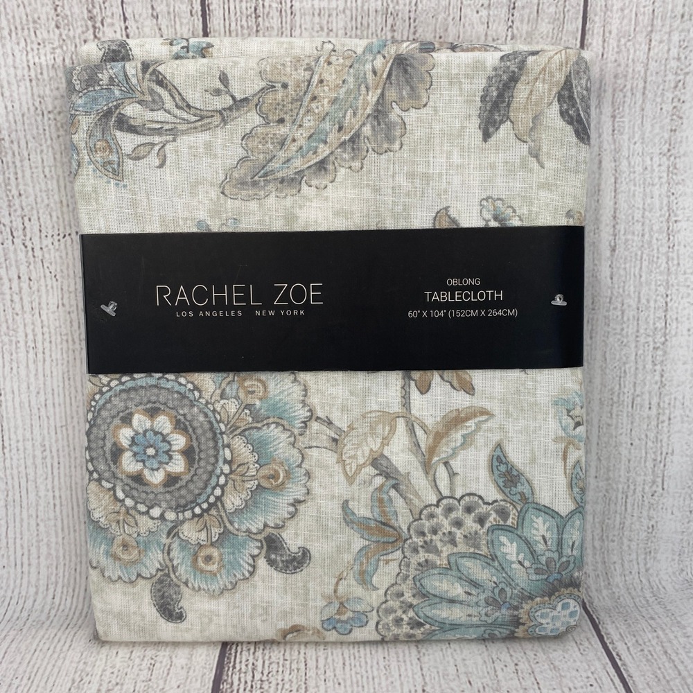 Rachel Zoe Tablecloth 60x104 Blue Grey Floral Paisley Medallion Boho Shabby Chic